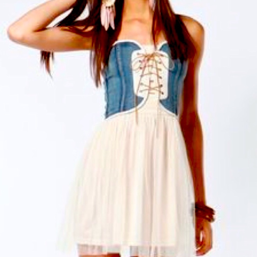 Mustard Seed Blue and Cream Lace-Up Dress